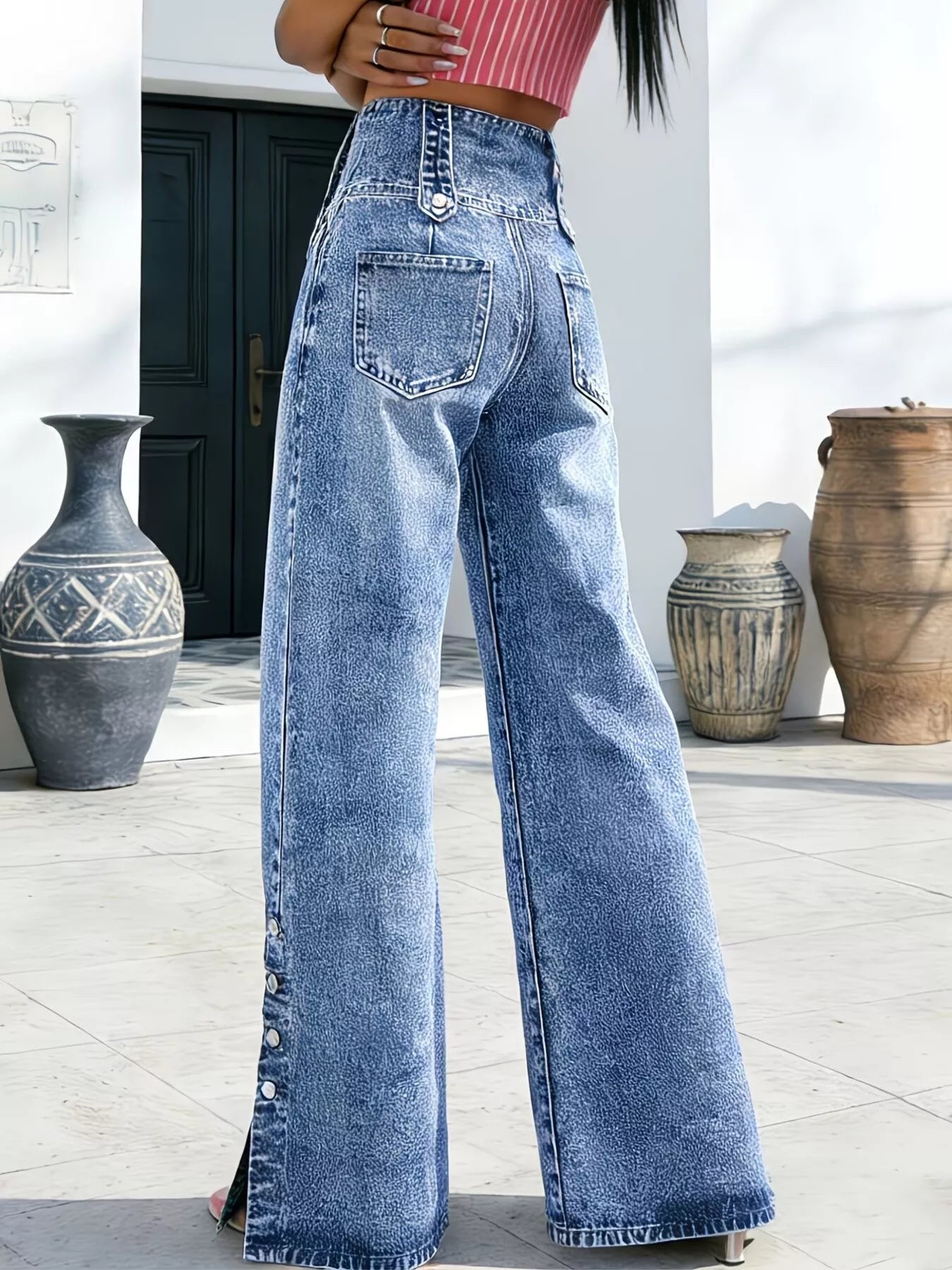 High Waisted Wide Leg Button Fly Blue Jeans - - jeans