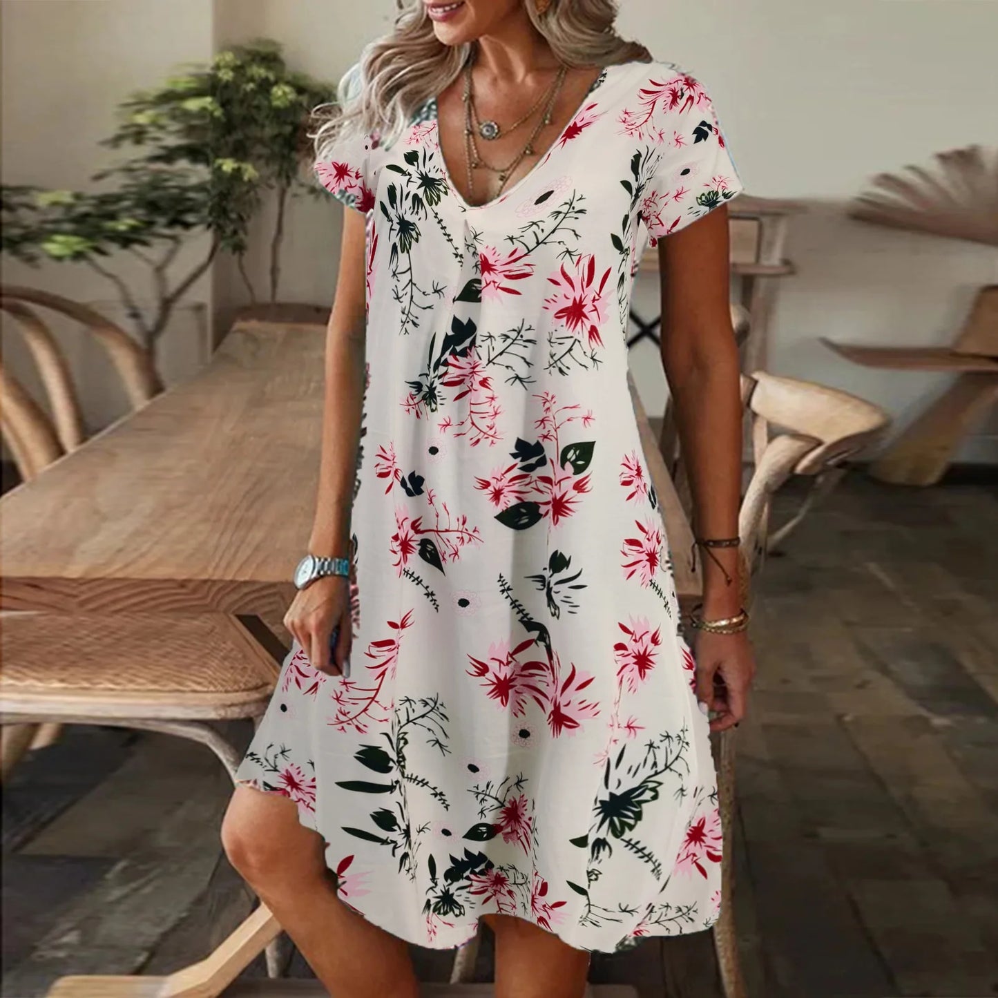 Leisure Style V-Neck Loose Digital Printed Short Sleeved Long  Knee Dress