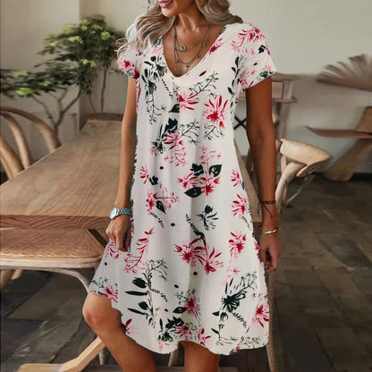 Leisure Style V-Neck Loose Digital Printed Short Sleeved Long  Knee Dress