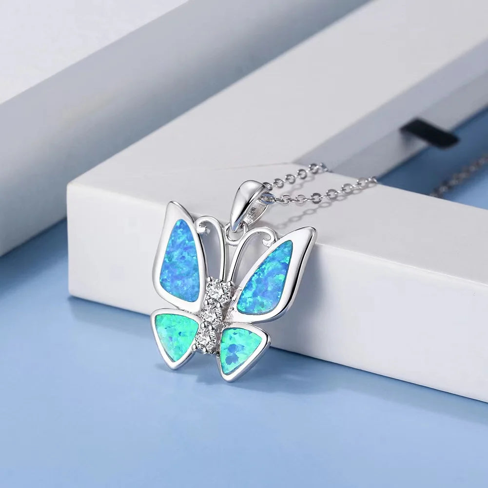 S925 Silver Butterfly Shape Synthetic Opal Pendant