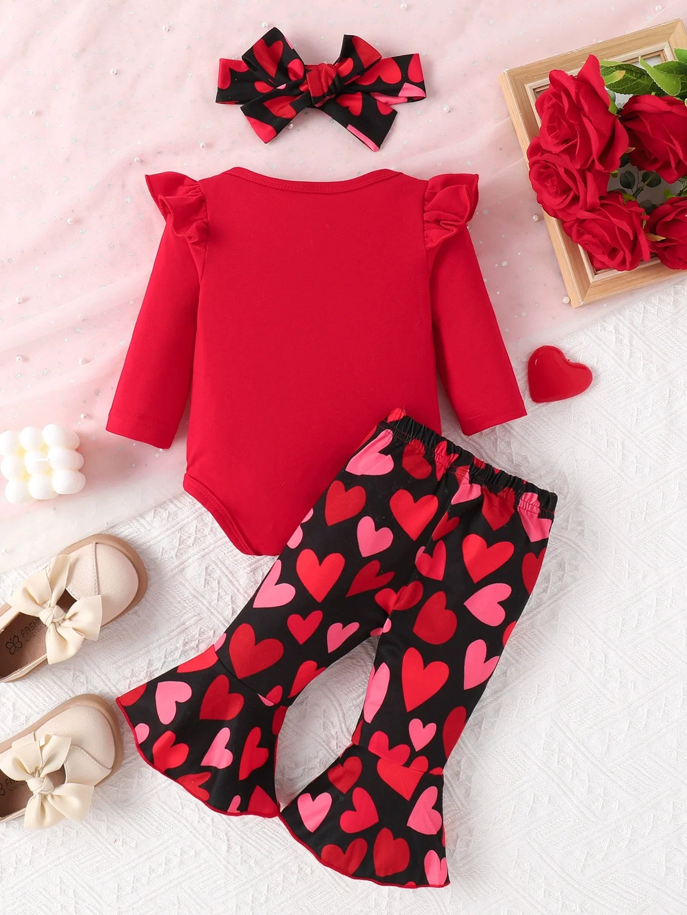 Children's Ruffled Bodysuit and Pants Set with Headband - -