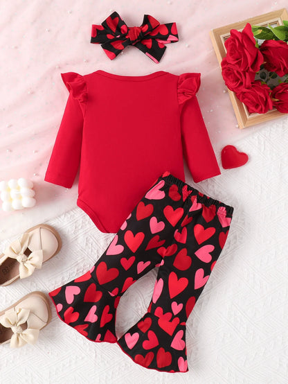 Children's Ruffled Bodysuit and Pants Set with Headband - -