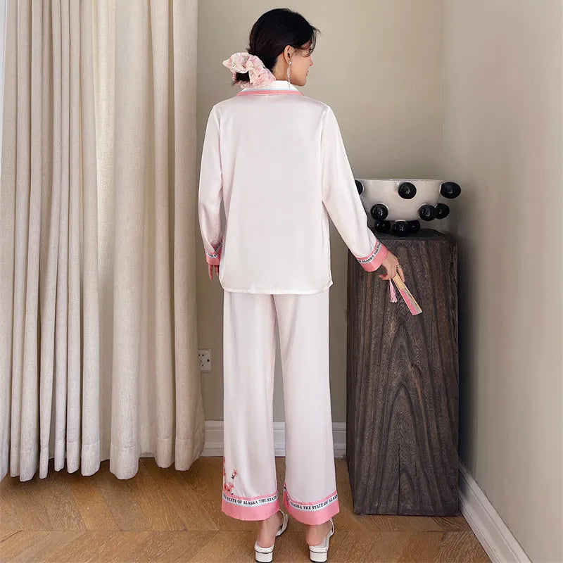 Women's Silk Pajamas Lapel Satin Sleepwear Long Sleeve Lady Night Wear