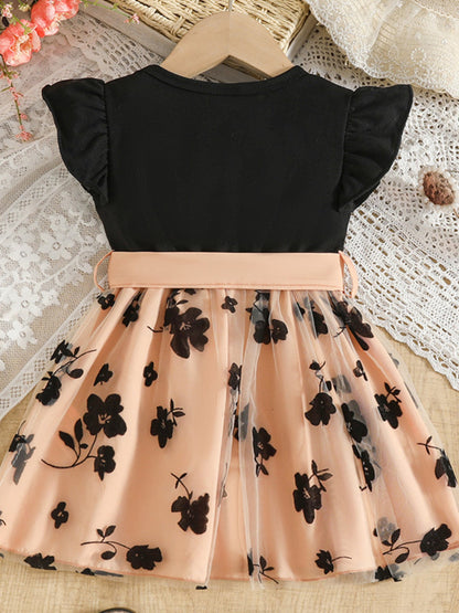 Children's Floral Print Mesh Bowknot Toddler Dress - -