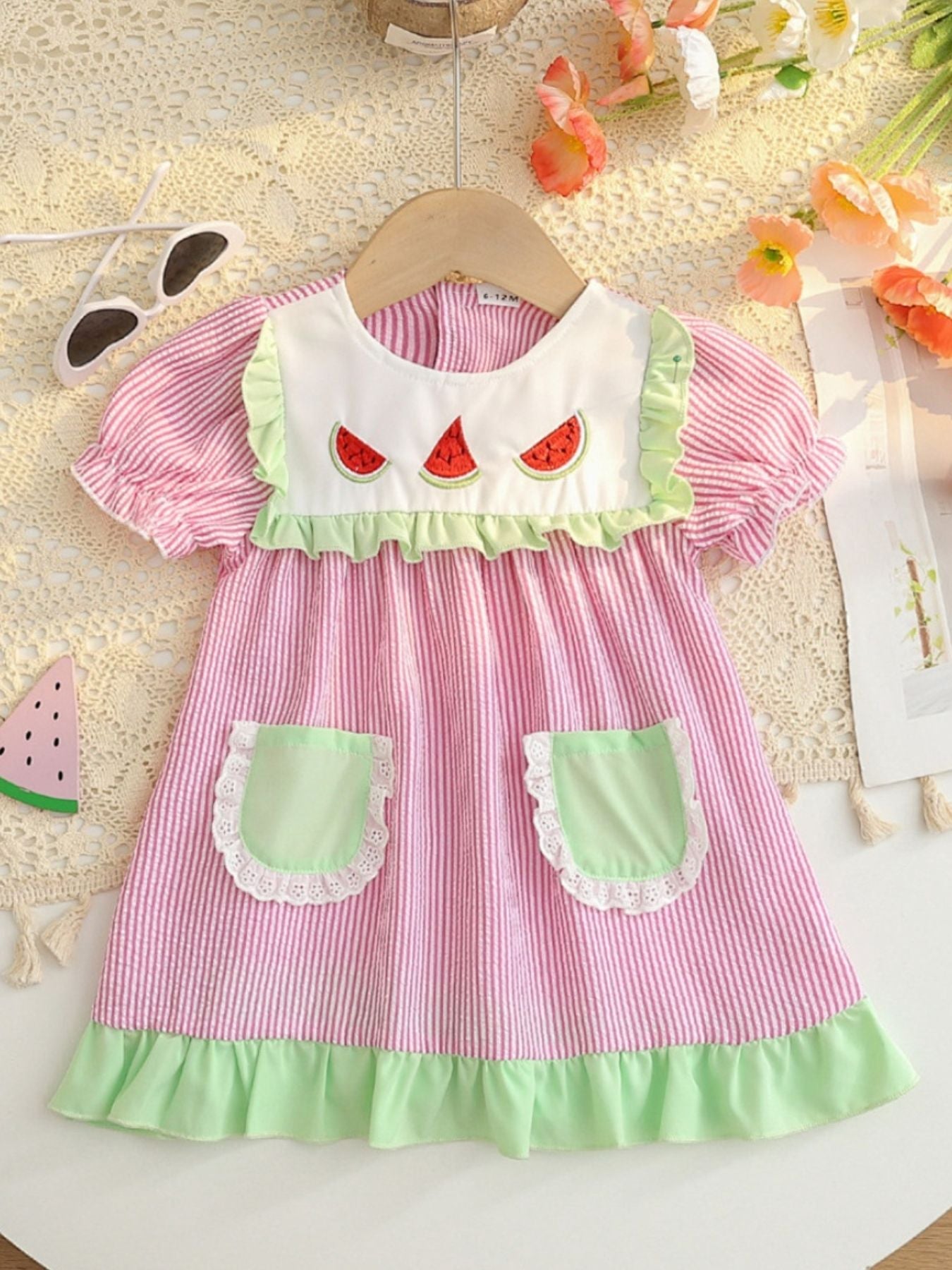 Children's Fruit Embroidered Striped Short Sleeve Dress - Blush Pink -