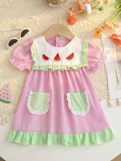 Children's Fruit Embroidered Striped Short Sleeve Dress - Blush Pink -