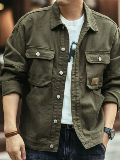 Men's Washed Collared Neck Cargo Jacket - -