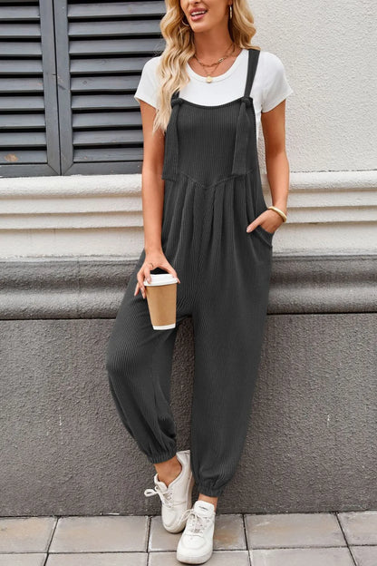 Lovelet Knotted Strap Overalls with Pockets - Dark Gray -