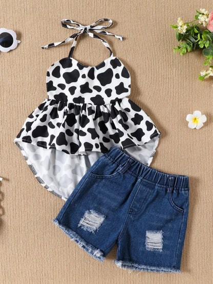 Children's Halter Neck Cami and Denim Shorts Set - Black -