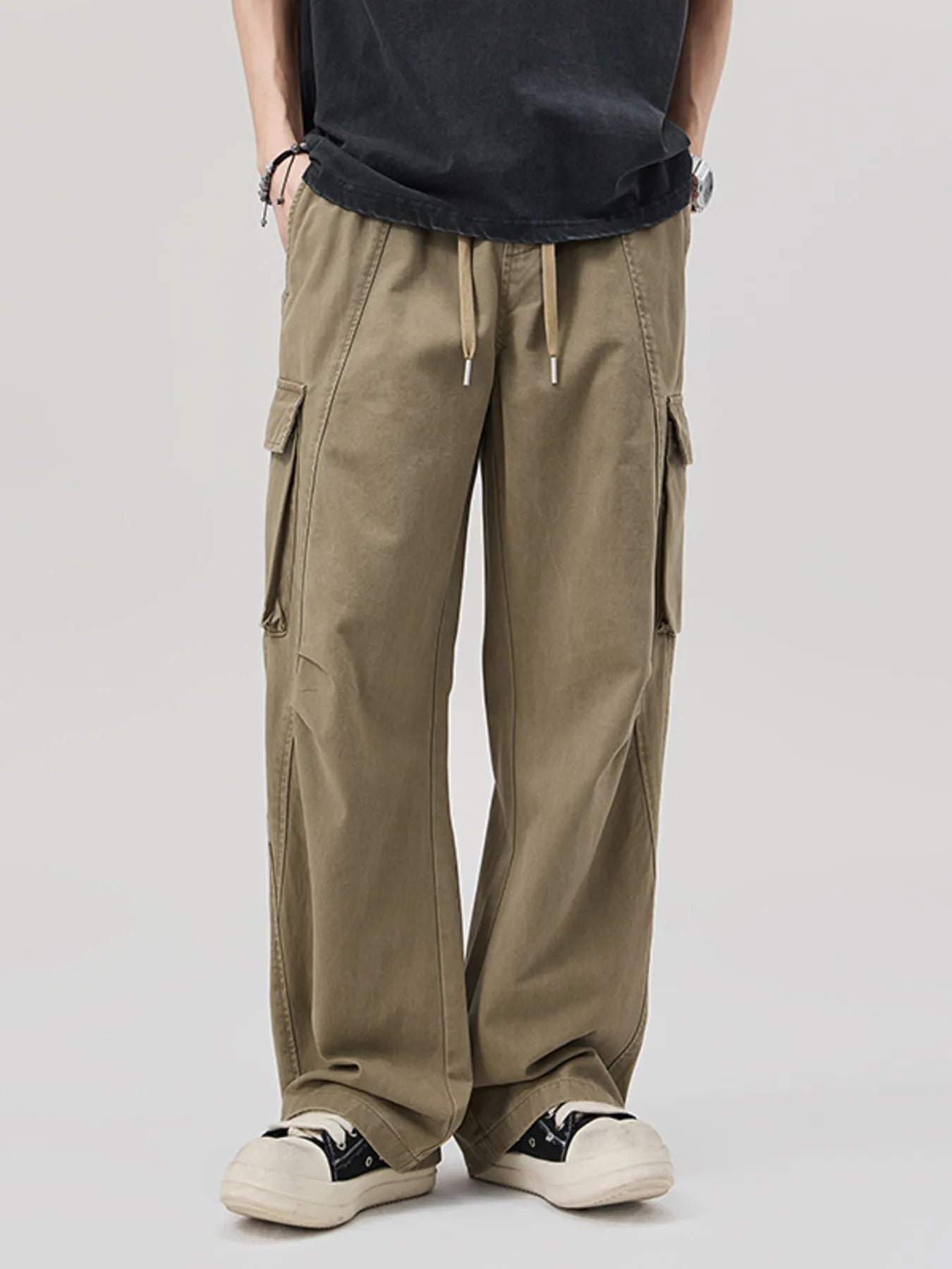 Men's Relaxed Fit Cargo Pants with Drawstring - Khaki -