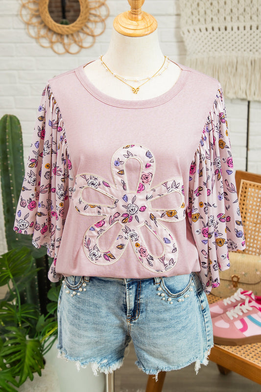 Pink Contrast Floral Patched Flowy Half Sleeve Blouse - Pink 65%Cotton+35%Polyester - Tops/Blouses & Shirts