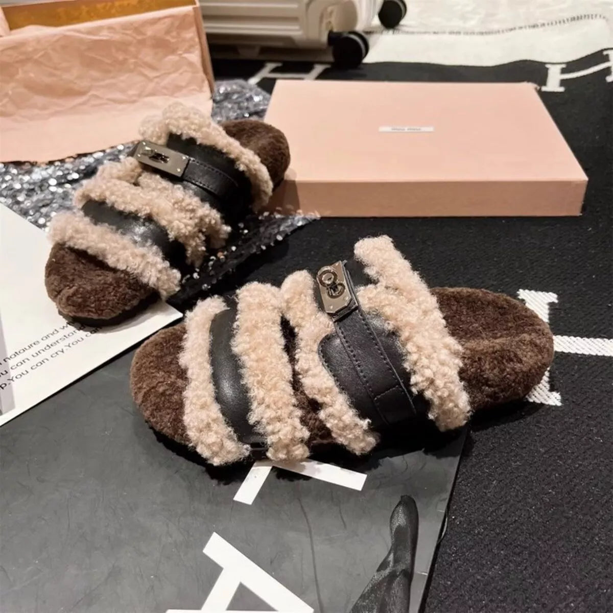 Fuzzy Buckle Accent Plush Slippers - -