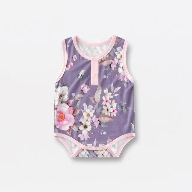 Bamboo Fiber Baby Zippered Romper purple pink floral 6-12M 73cm