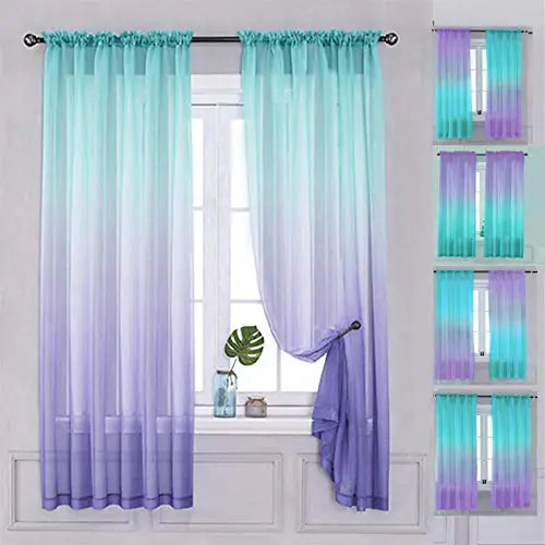 Linen Teal & Purple Ombre Semi Sheer Rod Pocket Curtains 1 Panel - Kia Day Design