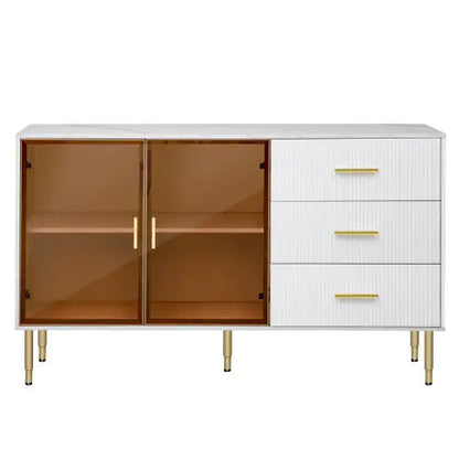 Modern Sideboard, Buffet Cabinet With Marble Sticker Top And Amber Tempered Glass Door With Gold Metal Legs And Handles Kia Day Design