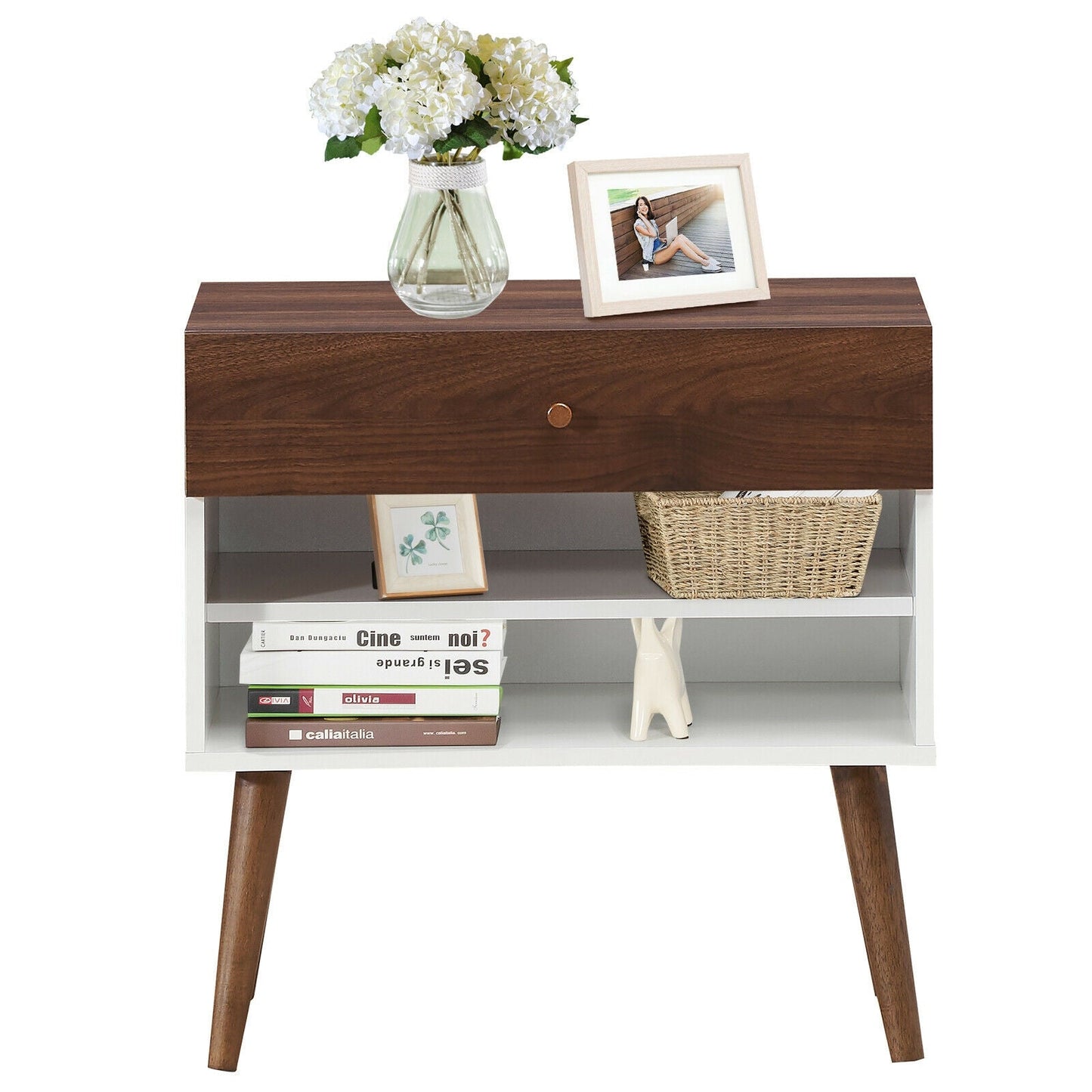 Mid-Century Nightstand with Drawer and Rubber Wood Legs- DirectDeals- {{Product type}}