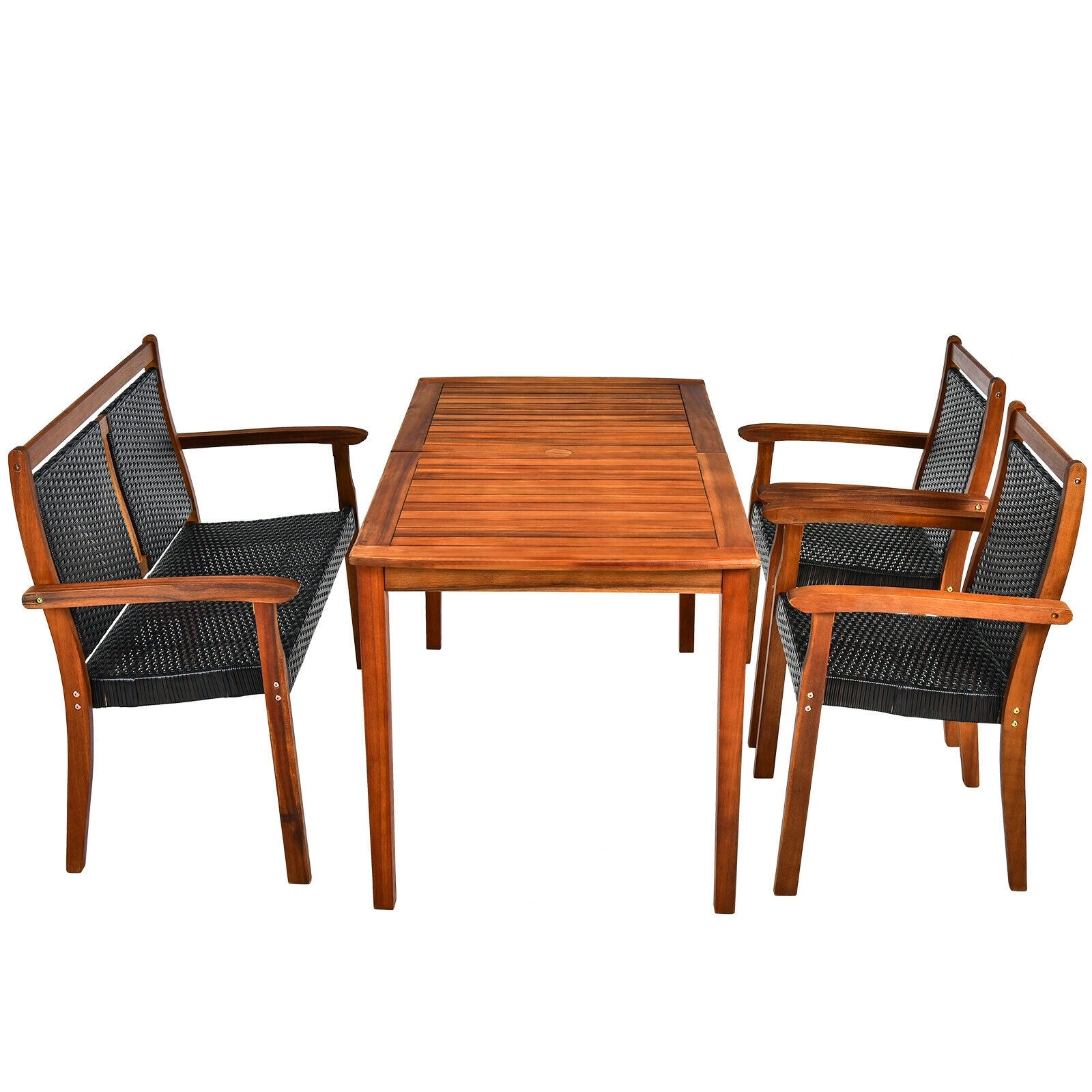 4 Pieces Acacia Wood Patio Rattan Dining Furniture Set- DirectDeals- {{Product type}}