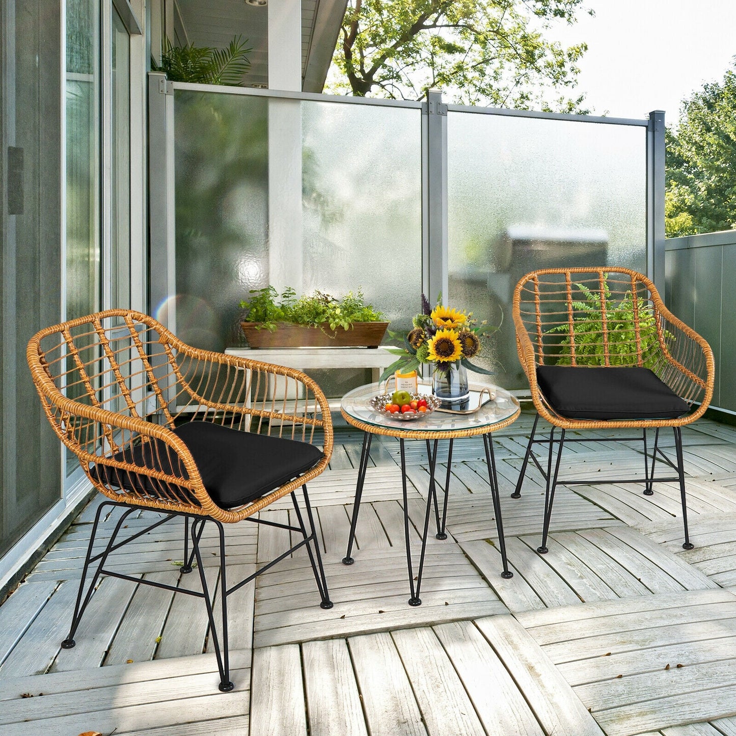 3 Pieces Rattan Furniture Set with Cushioned Chair Table- DirectDeals- {{Product type}}