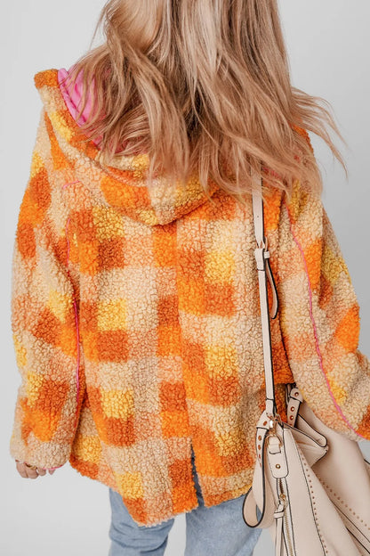 Checkered Long Sleeve Sherpa Hooded Jacket - -