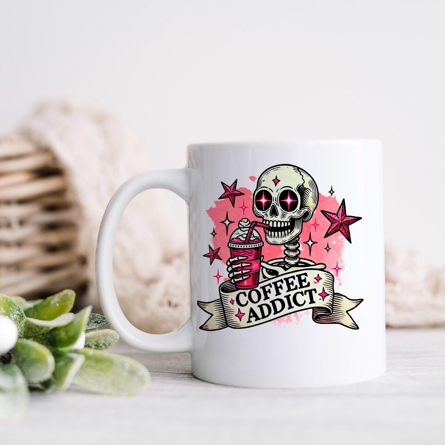 Coffee Addict Mug – Pink Skull Coffee Cup | Funny Caffeine Lover Gift, Ceramic, Dishwasher Safe - -