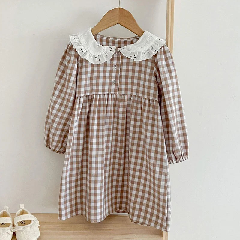 Long Sleeve Sweet Lace Dress brown white