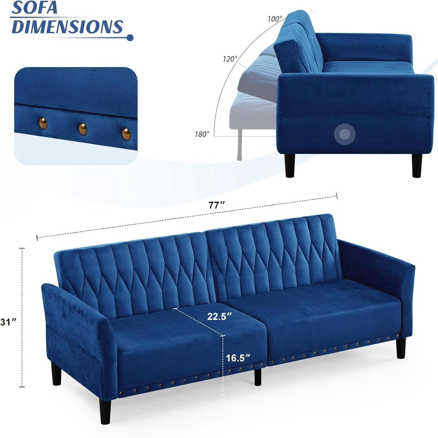 77Inch Velvet Convertible Sofa Bed Featuring Armrests - - Sleeper