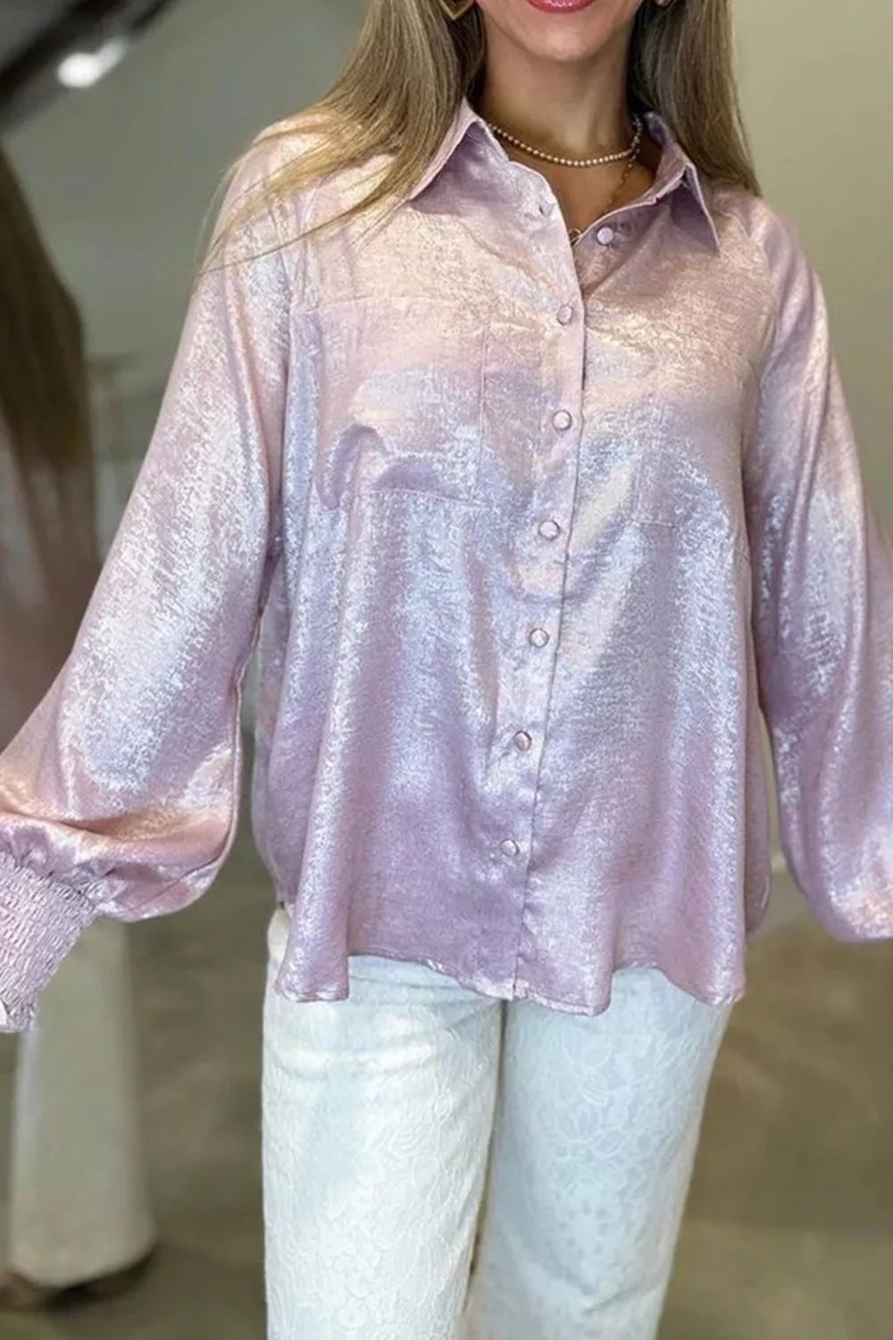 Long Sleeve Button Front Ruffle Cuffs Back Paneling Shirt - -
