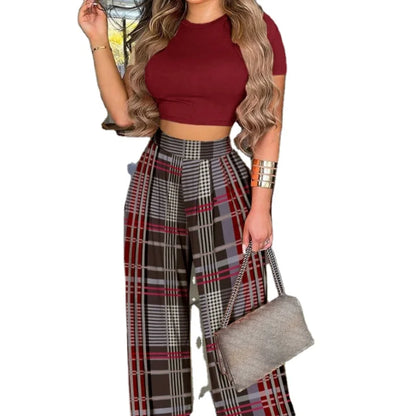 Summer O-Neck Short Sleeve Wide Leg Pants Set