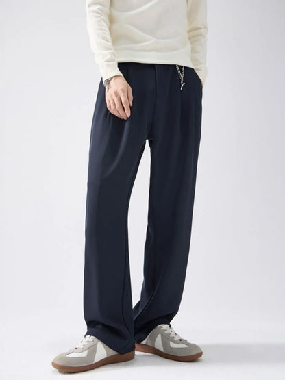 Men's Full Size Drawstring Wide Leg Pants with Pockets Plus Size - Navy Blue -