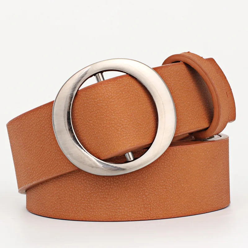 Belt With Round Buckle Vintage Simple Non Porous Ladies PU Leather Belt