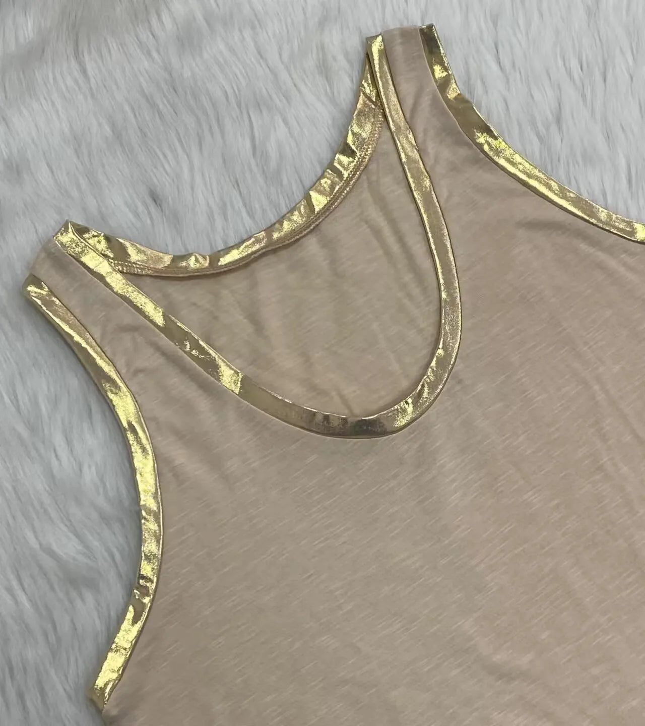 Tank Top Golden Trim O-Neck Sleeveless Women T Shirt Blouse