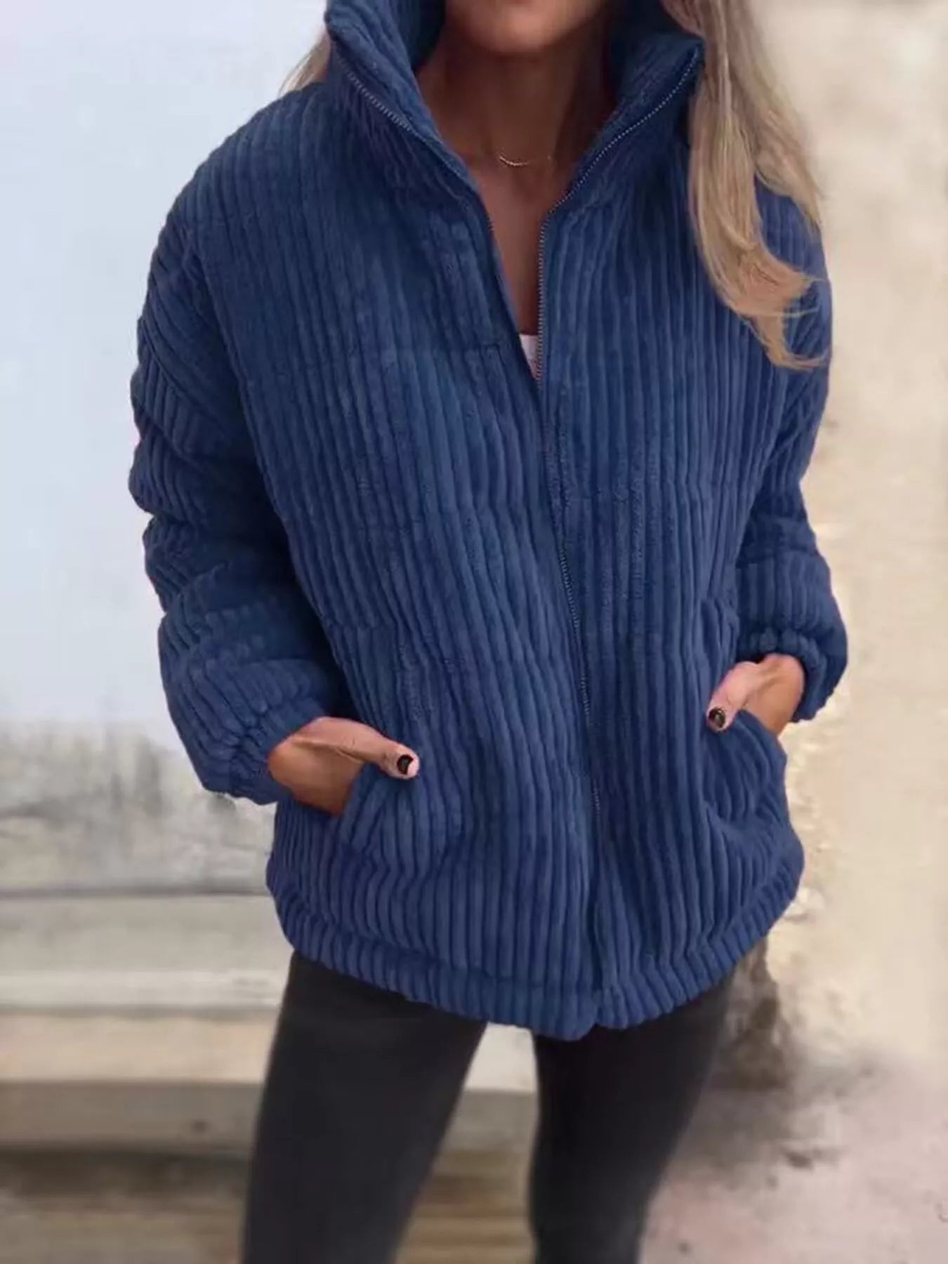 Full Size Zip Up Turtleneck Long Sleeve Winter Coat Plus Size - Dark Blue -