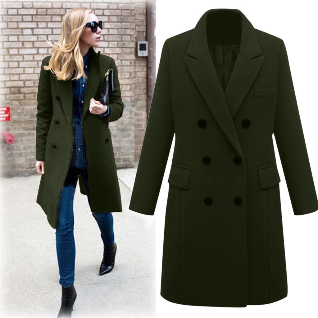 Women Lapel Collar Double Breasted Coats Solid Woolen Overcoat