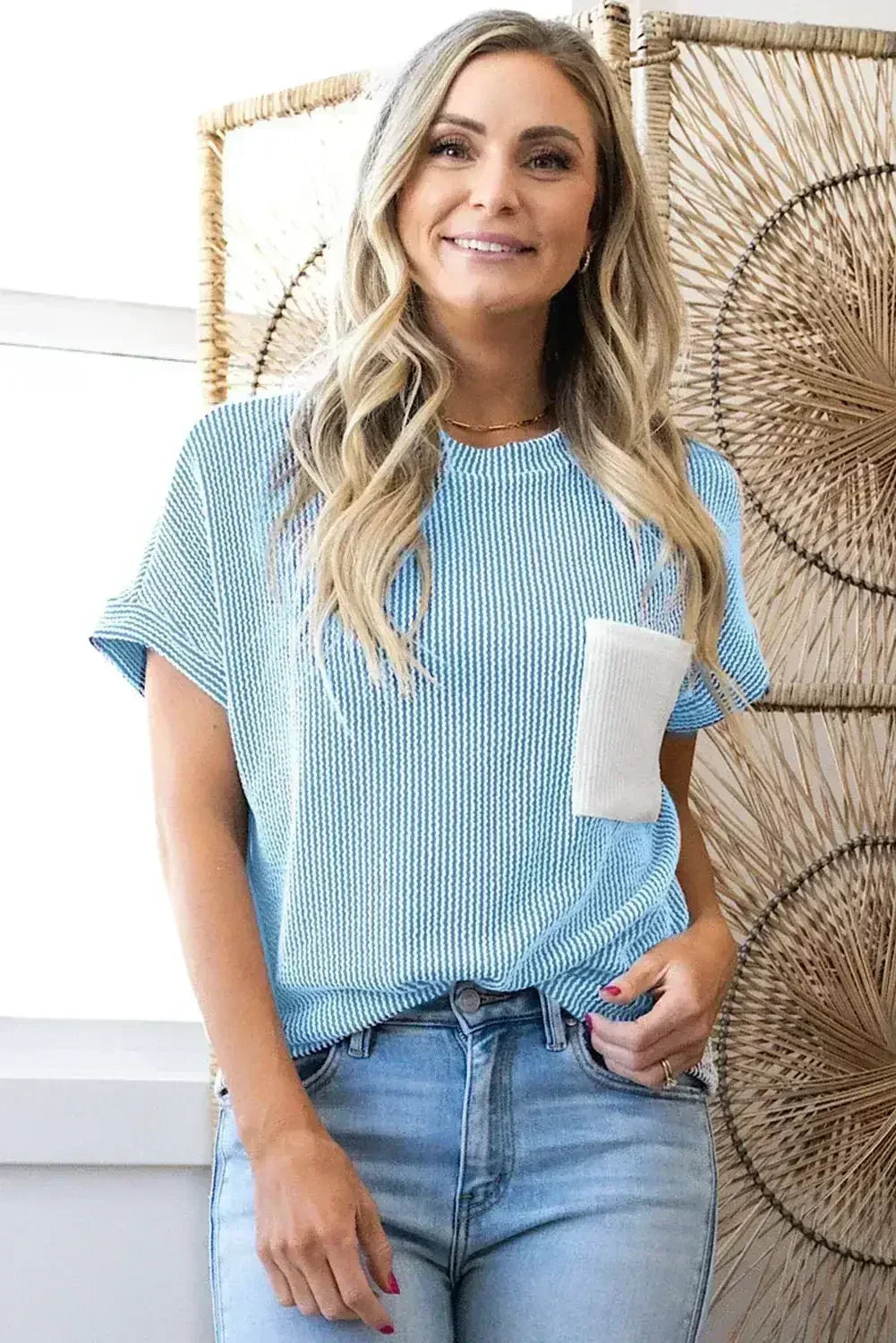 Pink Corded Colorblock Pocket Crew Neck T Shirt - - T Shirts