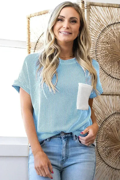 Pink Corded Colorblock Pocket Crew Neck T Shirt - - T Shirts