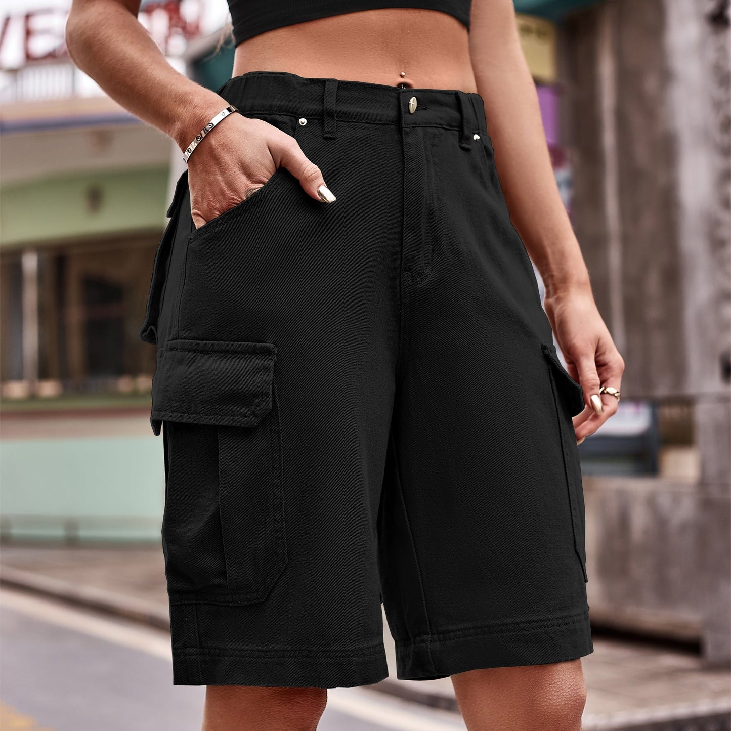 Denim Cargo Shorts with Pockets - Black -