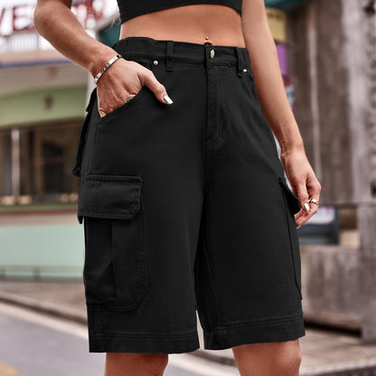 Denim Cargo Shorts with Pockets - Black -