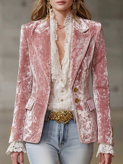 Pink Velvet Single-Breasted Blazer - Pink - blazer