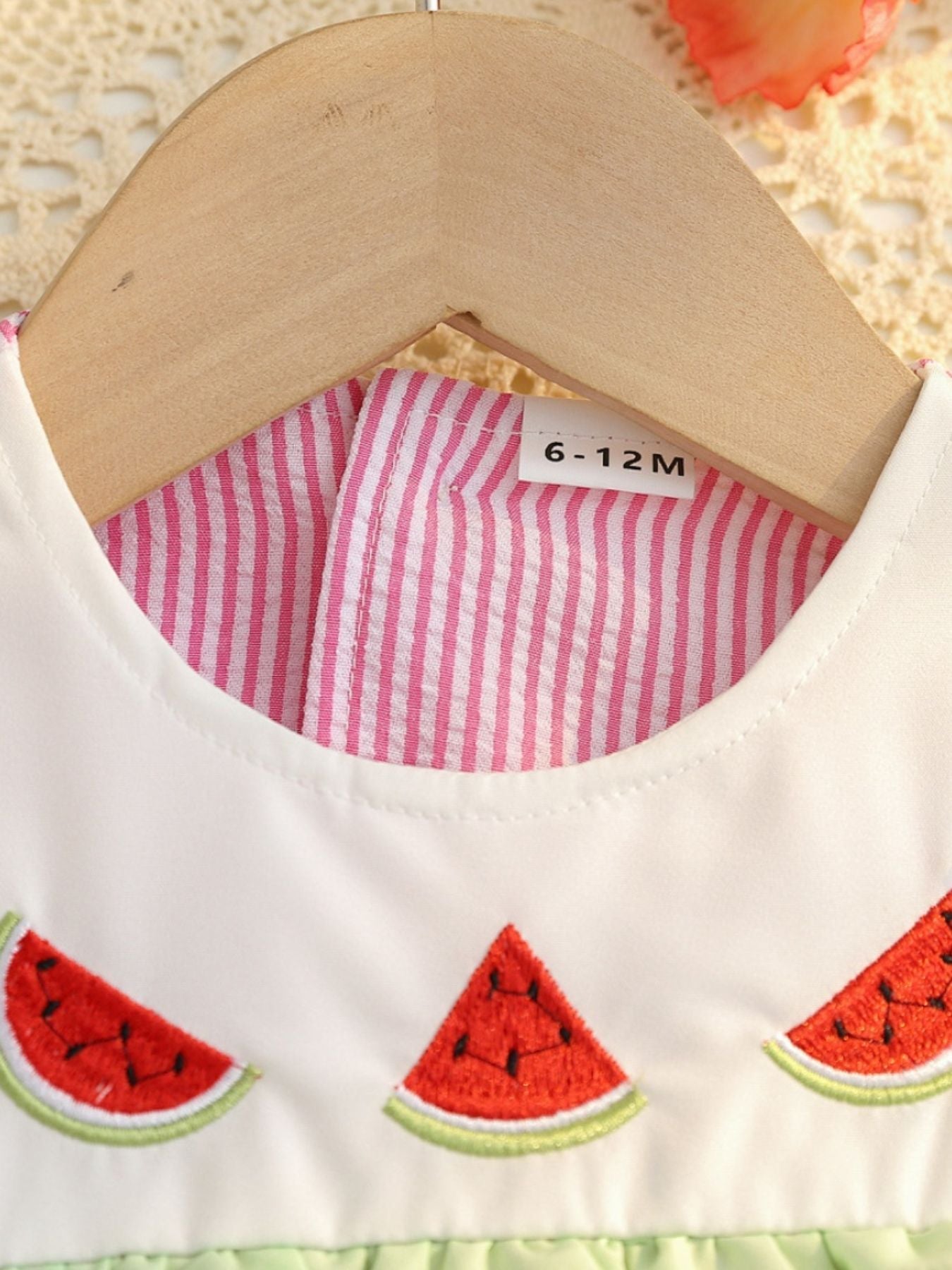Children's Fruit Embroidered Striped Short Sleeve Dress - -