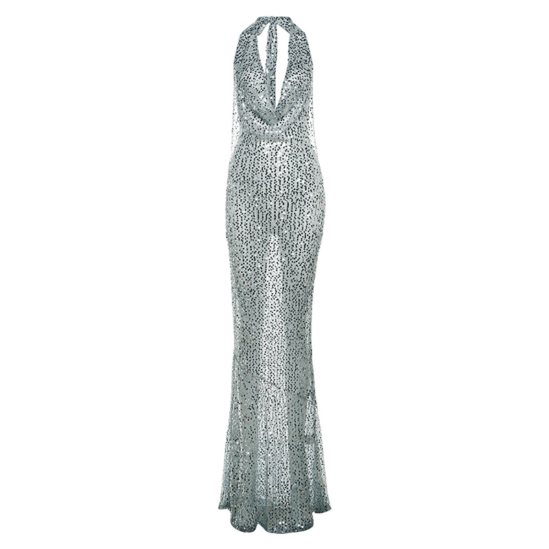 Womens Sequin Halter Fishtail Dress - - dress
