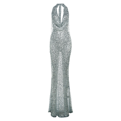 Womens Sequin Halter Fishtail Dress - - dress