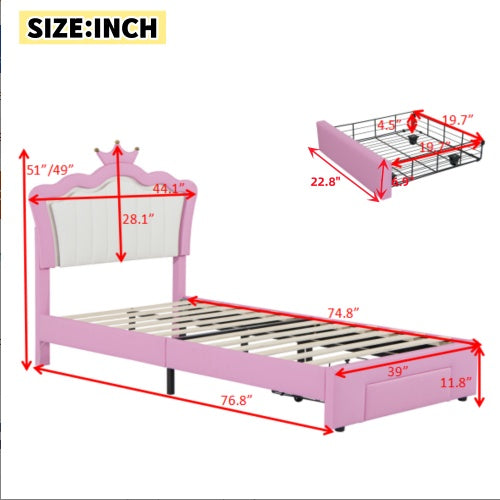 Twin Size Upholstered Bed Frame With LED Lights With Crown Headboard and Drawer - - bed frame