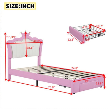 Twin Size Upholstered Bed Frame With LED Lights With Crown Headboard and Drawer - - bed frame