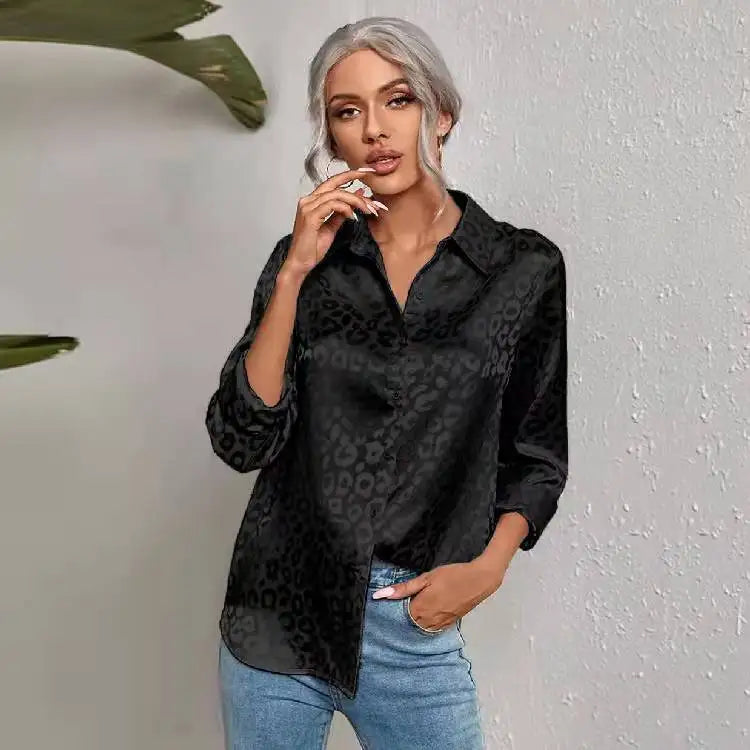 Open Button Leopard Jacquard Temperament Commuter Long Sleeve Blouse