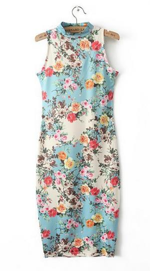 Vintage Floral Sleeveless Bodycon Dress for Women - - dress