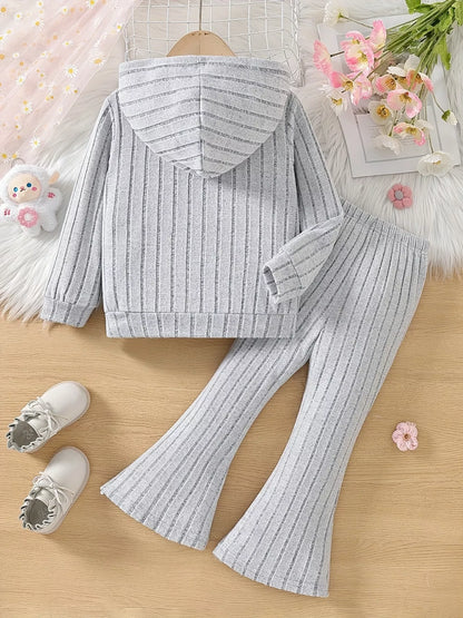 Children's Ribbed Knit Hooded Top and Pants Set - -