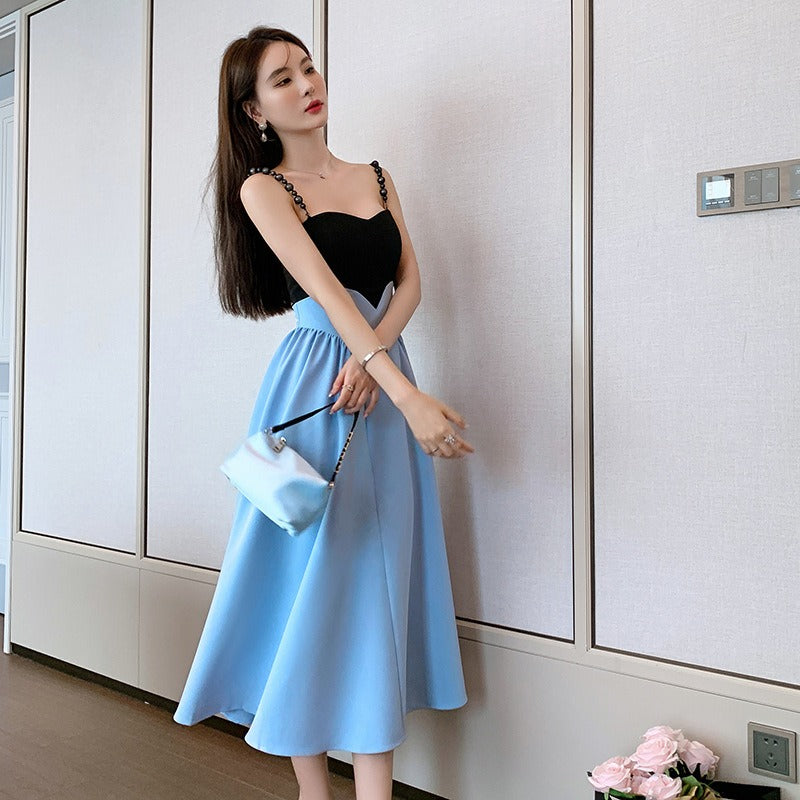 Elegant Sundress A-Line French Suspender Party Dress Big Swing Blue Midi Dress