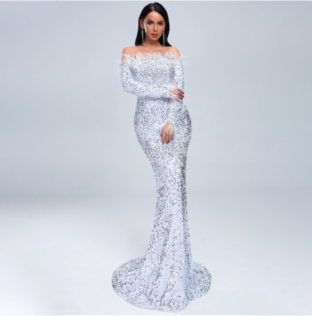 Starlit Sequin Feather Gown - white L - dress