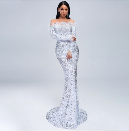 Starlit Sequin Feather Gown - white L - dress