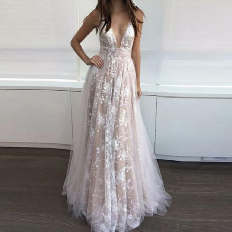 Elegant Lace V-Neck Bridal Gown - - dress